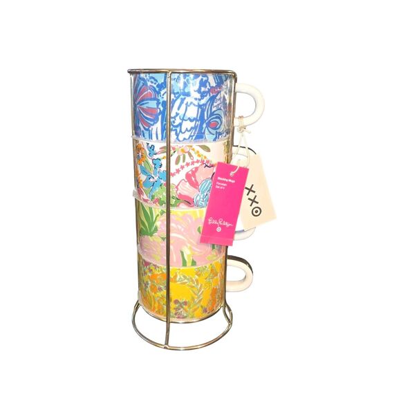 Lilly Pulitzer X Target Four Colorful Stacking Espresso Coffee Cups W/ Caddy NWT - Picture 3 of 16